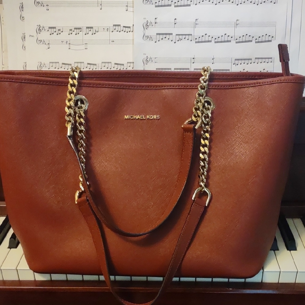 Michael Kors Leather Saffiano brick Tote with Gold Chain
